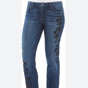Wit & Wisdom Rose Embroidered Straight Leg Raw Hem Jeans size 10